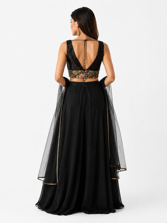 Women's Black Embroidered Lehenga Choli Set with Net Dupatta