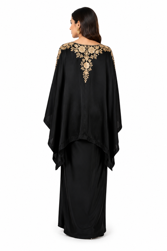 Luxury Black Satin Kaftan Maxi Dress with Gold Embroidery