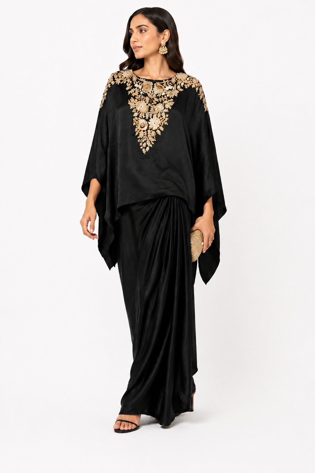 Luxury Black Satin Kaftan Maxi Dress with Gold Embroidery
