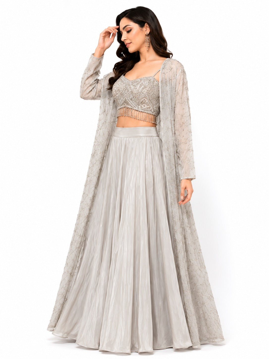 Silver Grey Embellished Lehenga Set with Sequined Blouse & Sheer Long Jacket