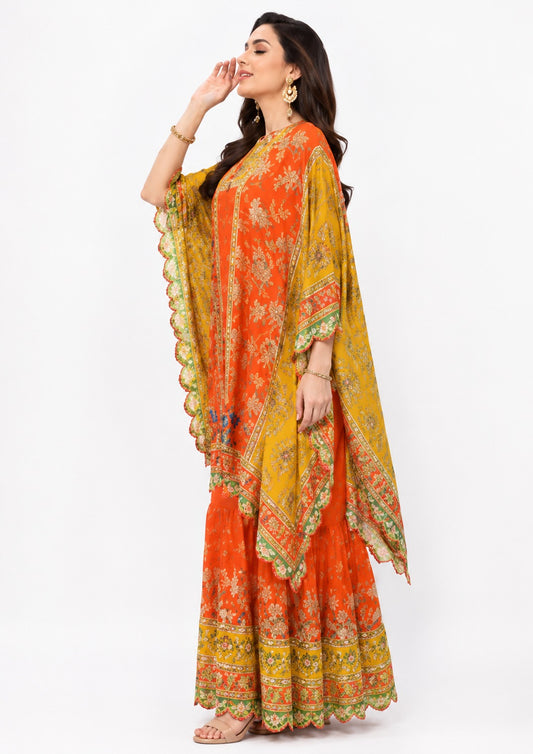 Orange & Mustard Printed Kaftan Style Kurti with Farshi Gharara Set for Women