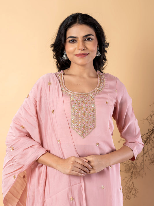 Women’s Pink Embellished Kurta Set with Dupatta & Pants