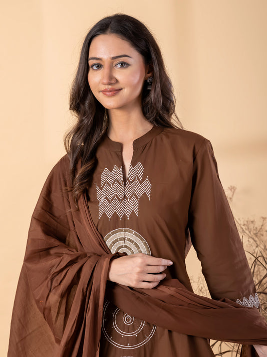 Women’s Brown Kurta Set with Dupatta & Embroidery – Ethnic Wear