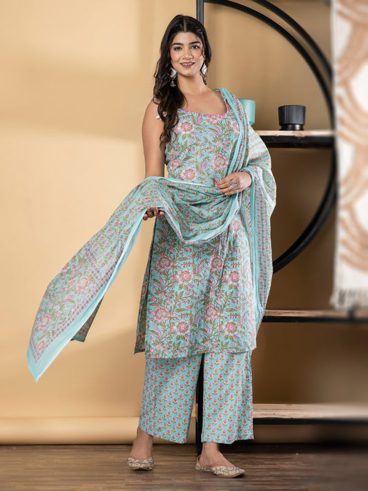 Women’s Mint Green Floral Printed Kurta Set with Dupatta & Pants