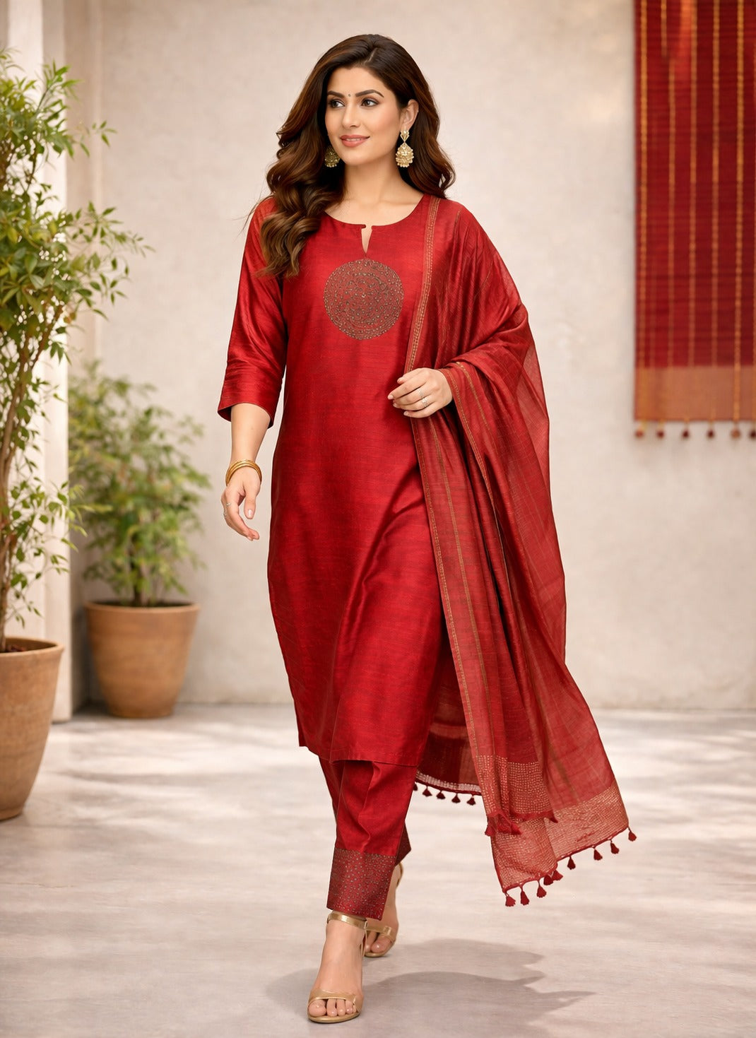 Elegant Red Silk Kurta Set with Dupatta | Festive & Ethnic Wear for Women