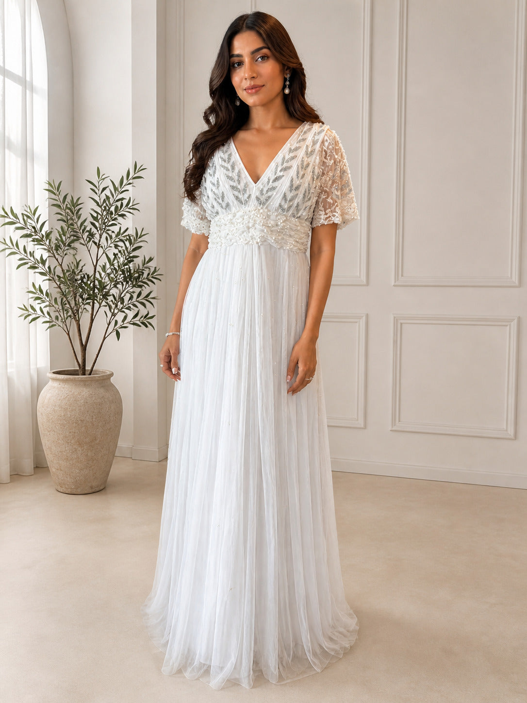Women's Elegant White Embellished Tulle Maxi Dress with Lace Sleeves & V-Neck