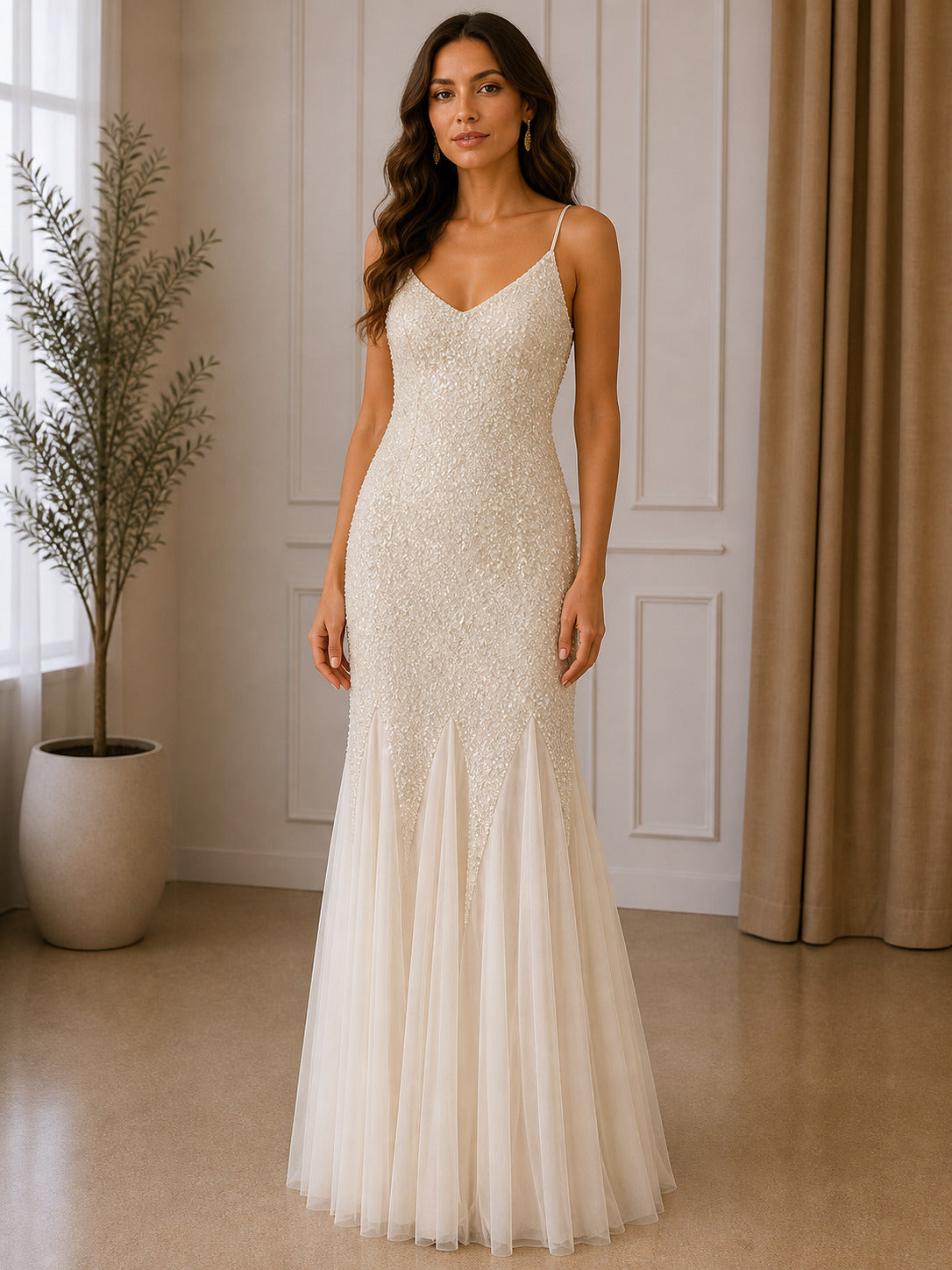 Elegant Ivory Mermaid Wedding Dress with Spaghetti Straps & Lace Bodice