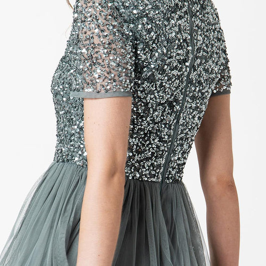 Sage Green Sequin Bodice Tulle Midi Dress | Elegant Party & Occasion Wear