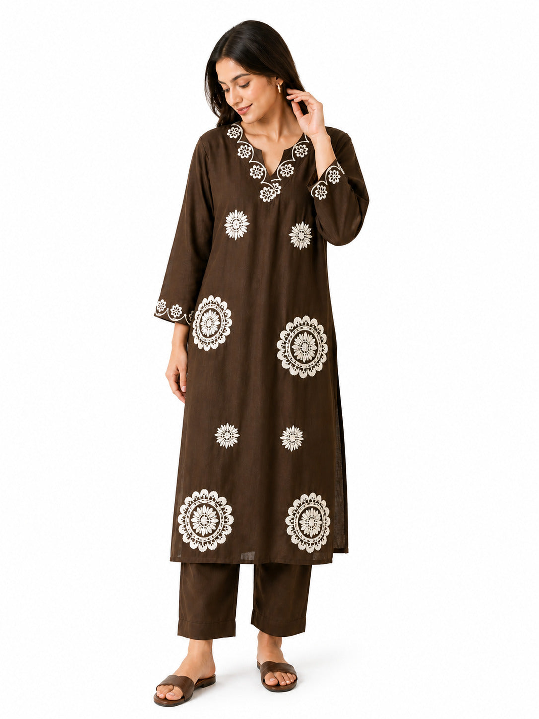 Brown Floral Printed Kurta Pant Dupatta Set for Women | Ethnic Straight Suit Set
