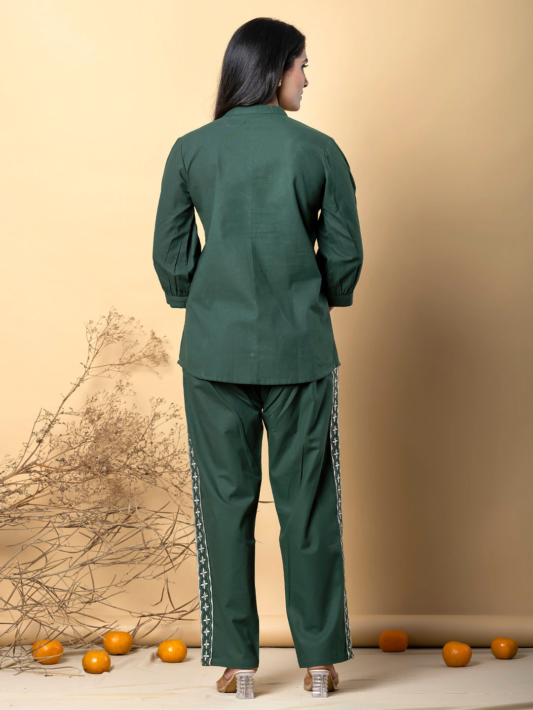Women’s Forest Green Embroidered Co-Ord Set with Floral Motif