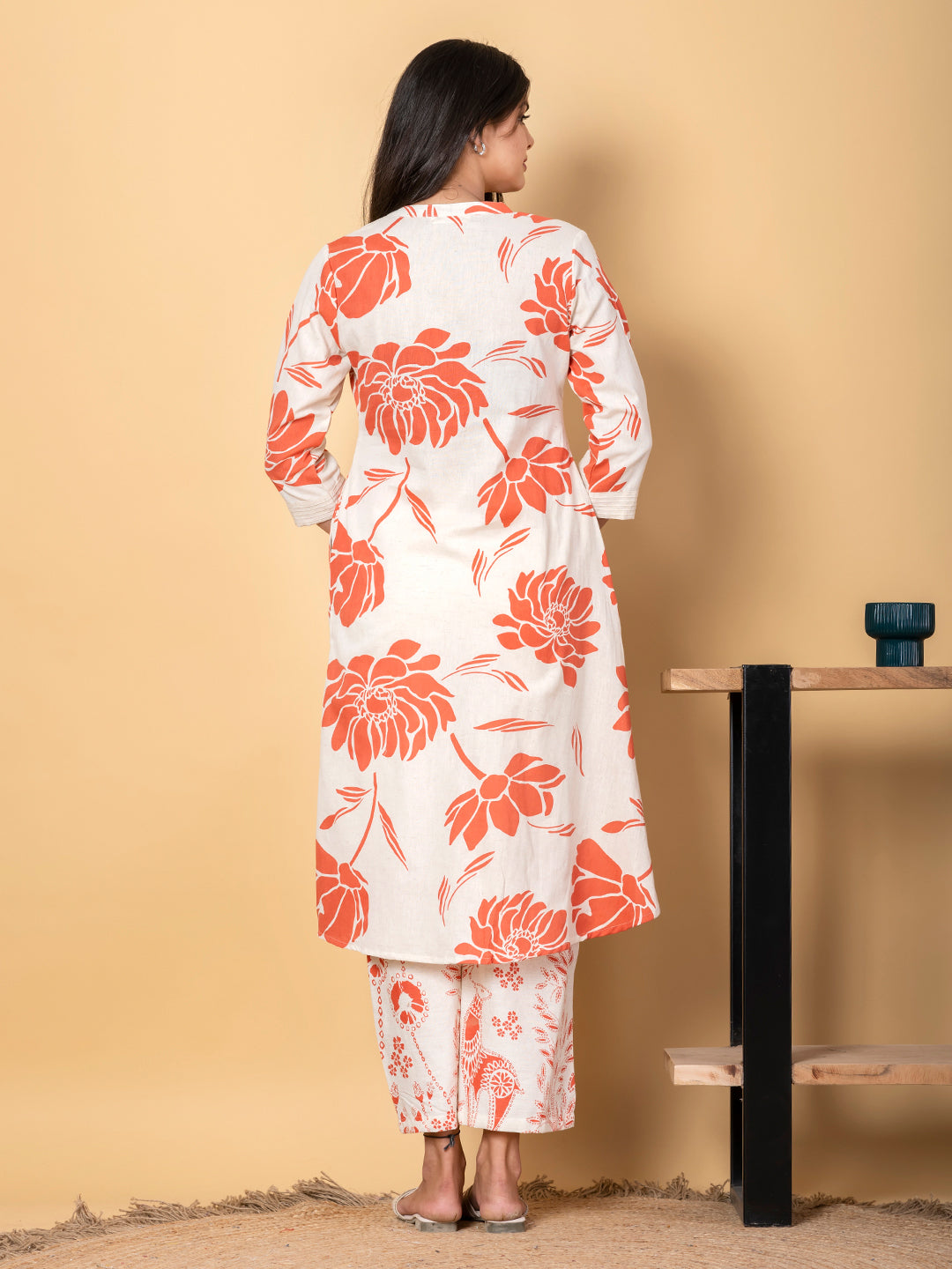 Women’s Floral Printed Kurta Set with Pants – Ivory & Coral Ethnic Wear