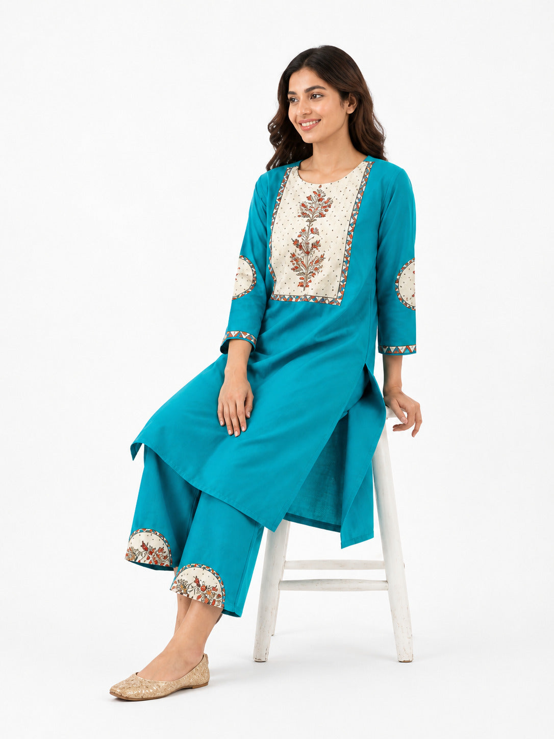 Women's Turquoise Blue Floral Yoke Kurta & Palazzo Co-Ord Set