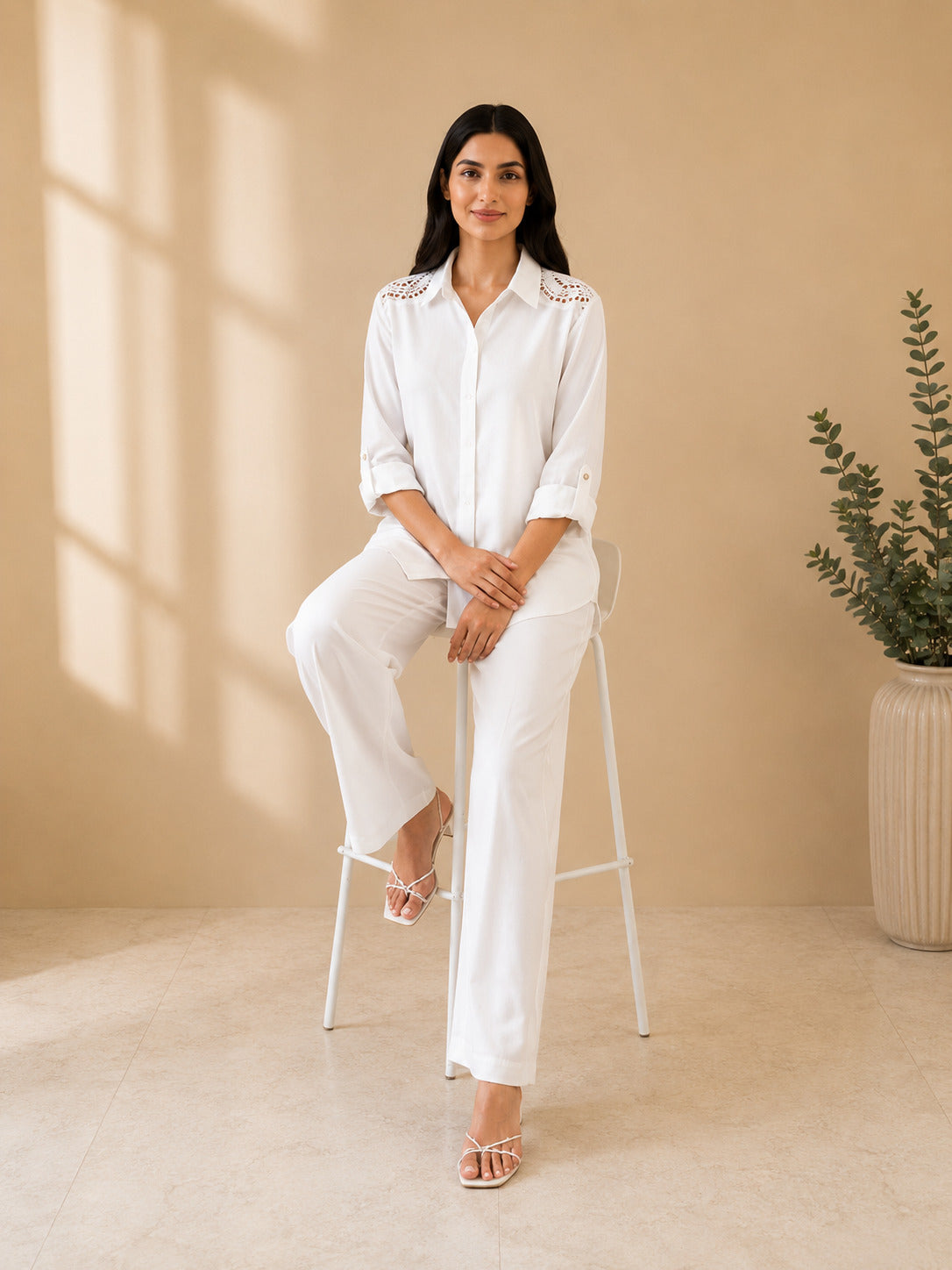 Women's White Lace Shoulder Shirt & Wide Leg Pants Co-Ord Set