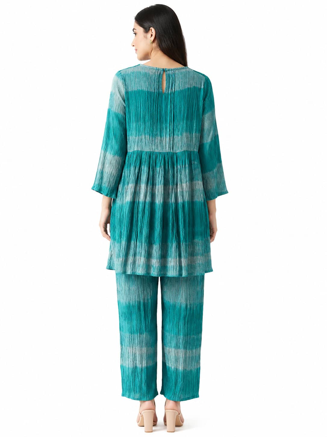Women's Teal Tie-Dye Pleated Co-Ord Set with Tunic Top & Straight Pants
