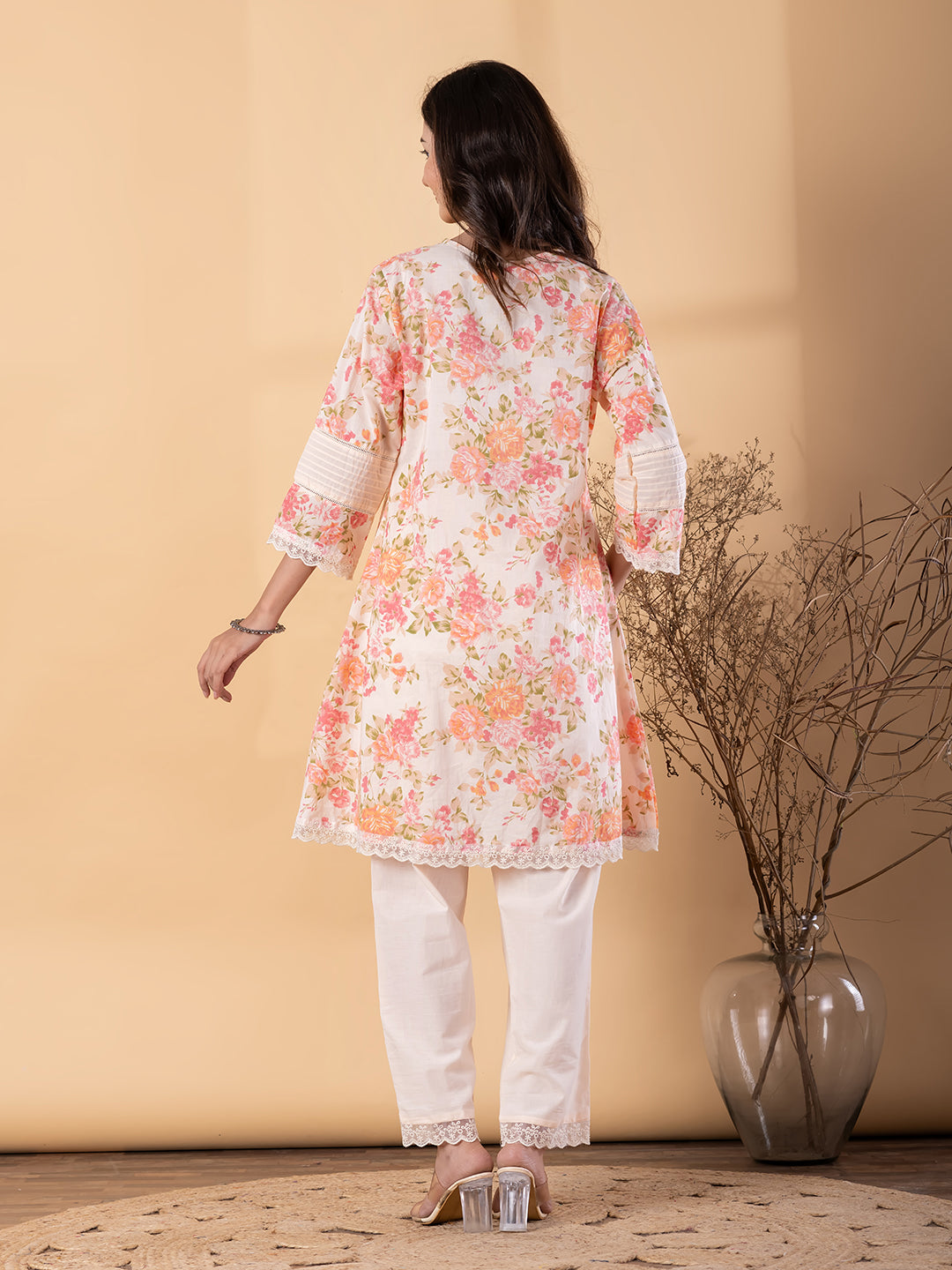 Women’s Cream Floral Printed Kurta Set with Pants – Ethnic Wear