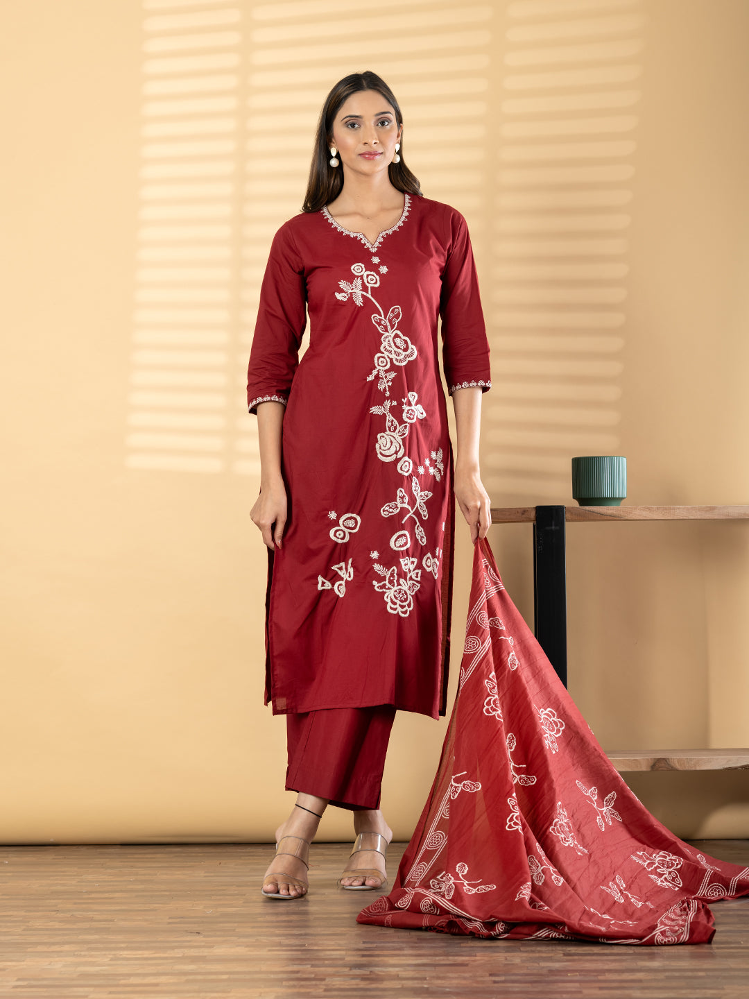 Red Embroidered Kurta Set with Dupatta for Women