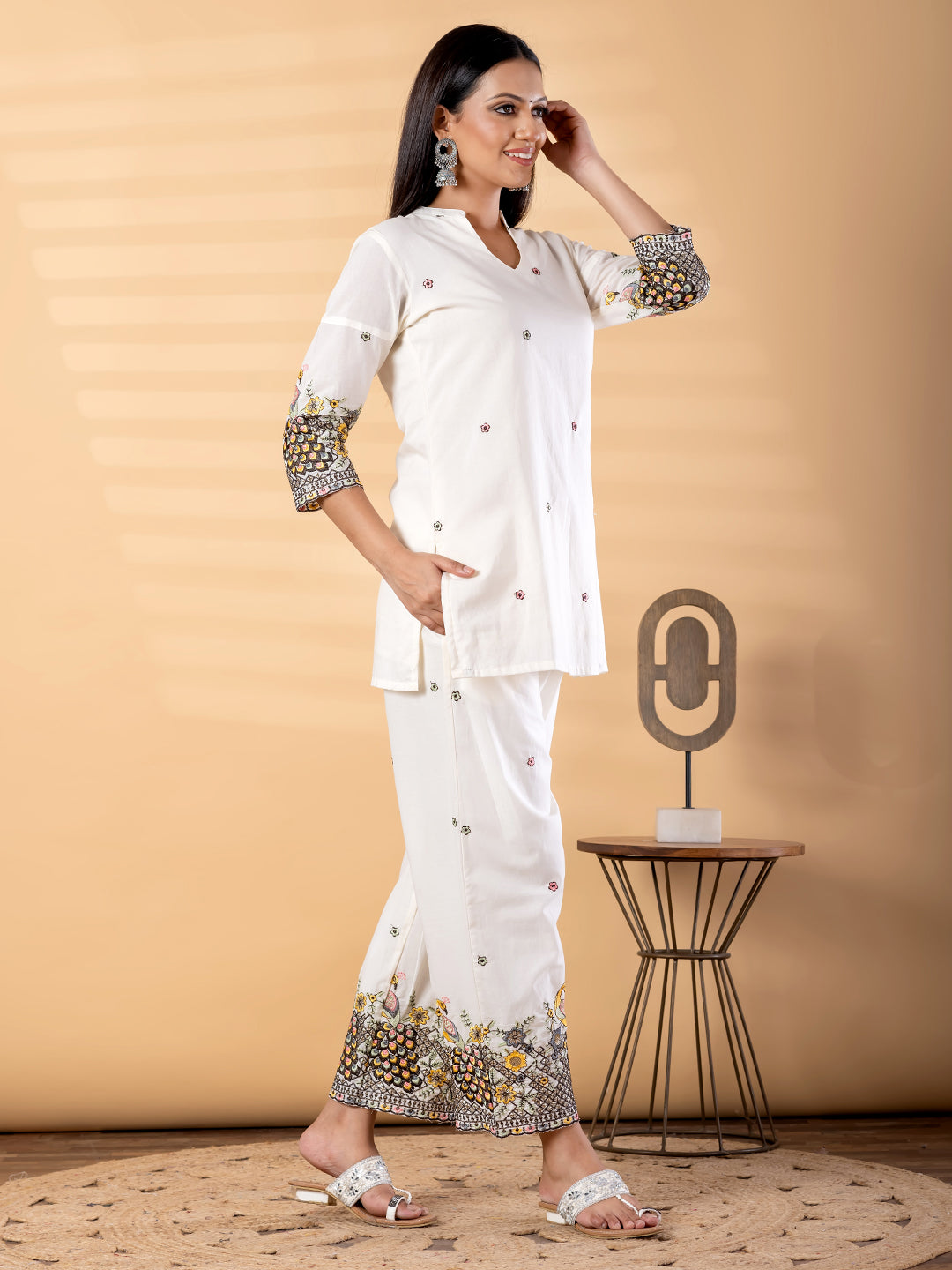 Women’s White Kurta Set with Embroidery & Printed Pants – Ethnic Wear
