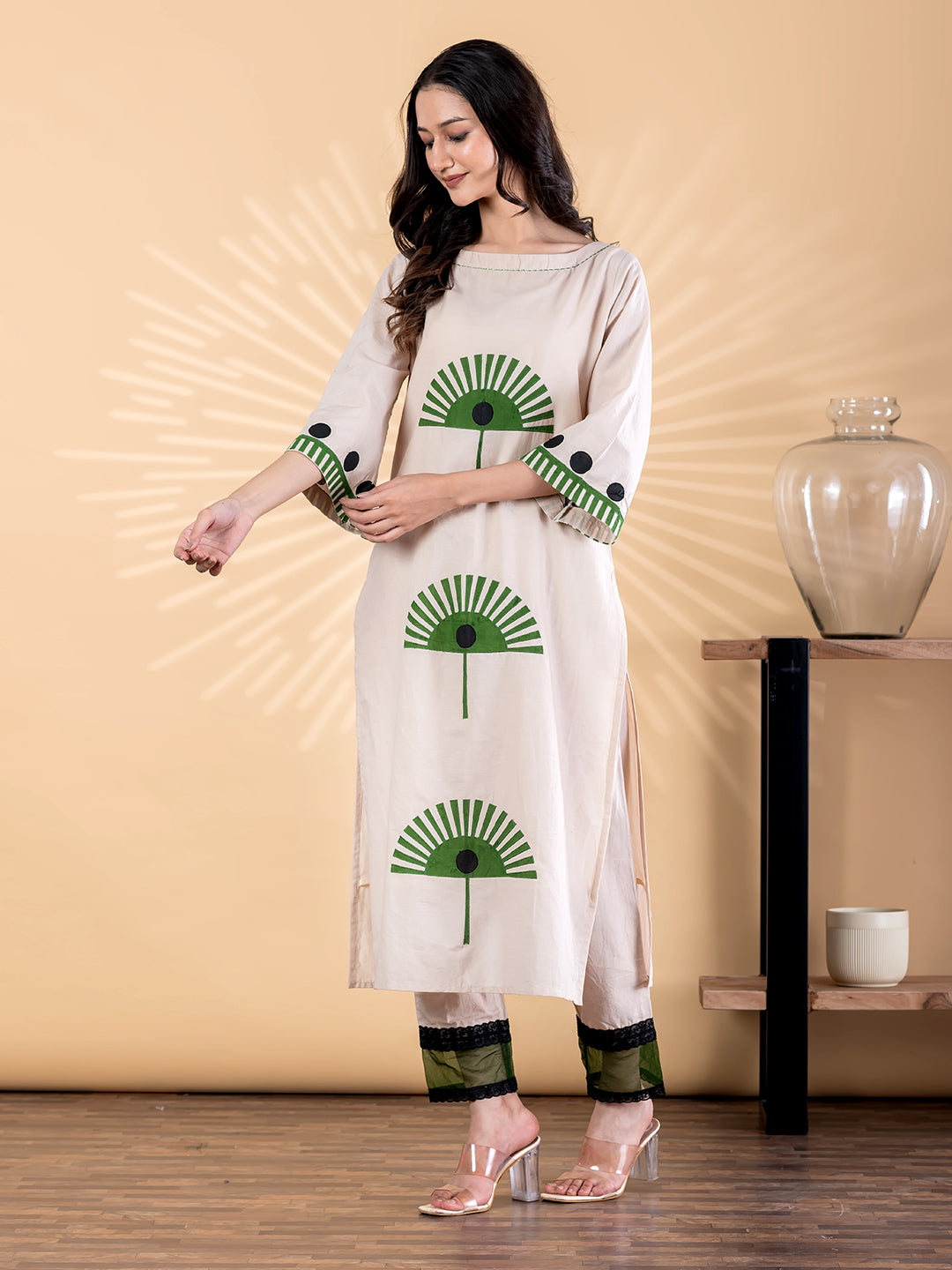 Beige Printed Kurta Pant Set for Women with Green Motif Design