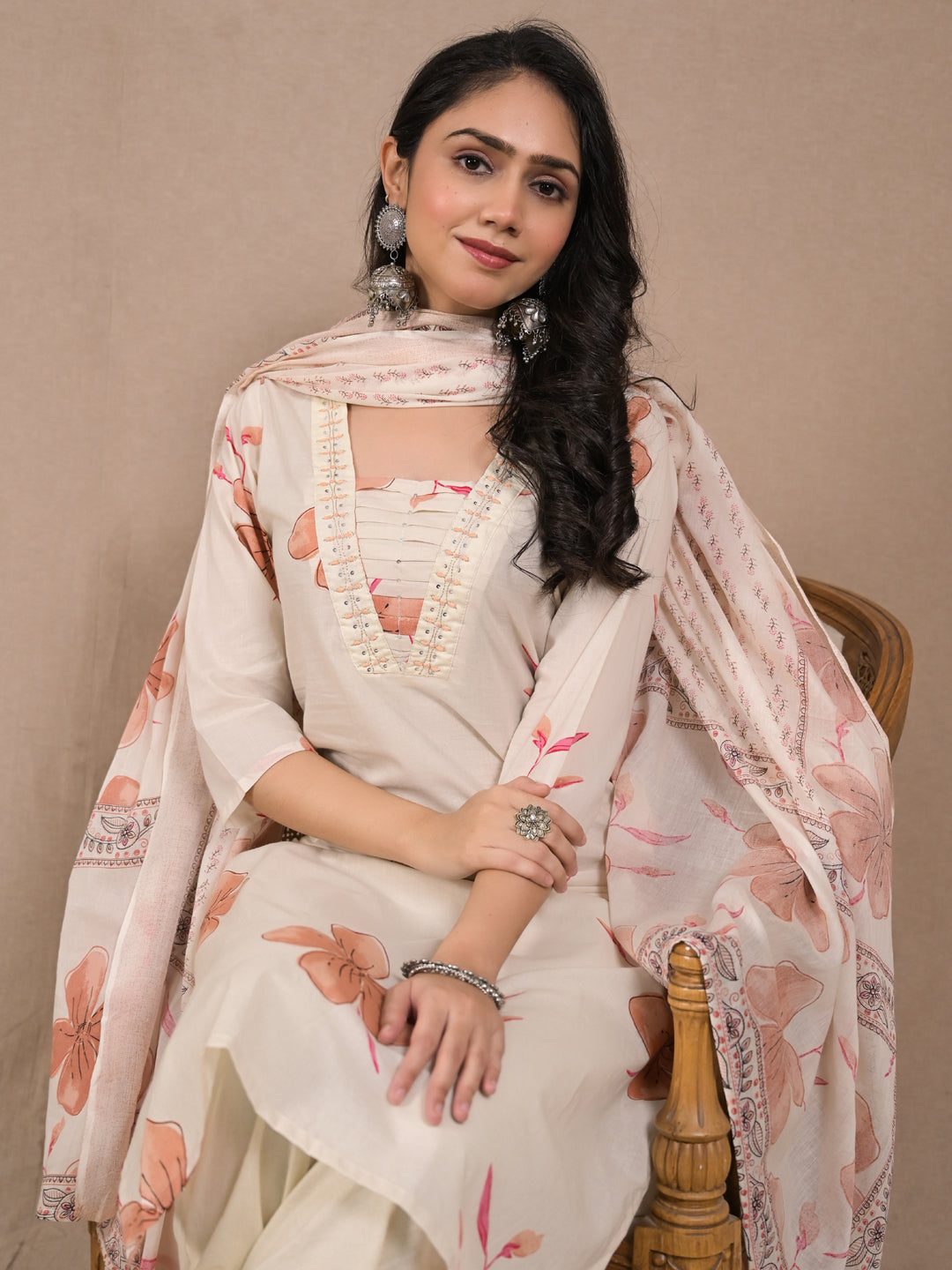 Women’s Ivory Floral Kurta Set with Dupatta | Cotton Ethnic Wear | Festive & Casual