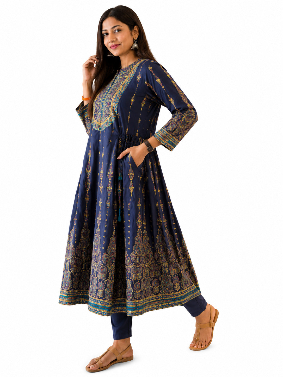 Women's Navy Blue Printed Anarkali Kurta with 3/4 Sleeves