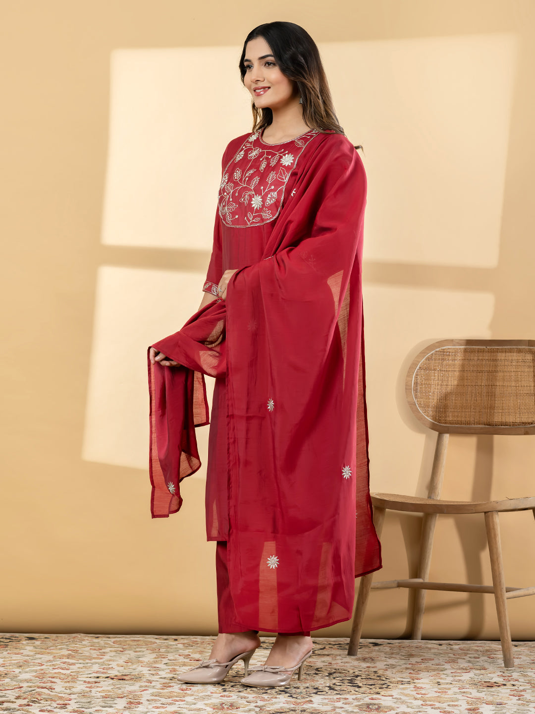 Women’s Red Embroidered Kurta Set with Dupatta & Pants