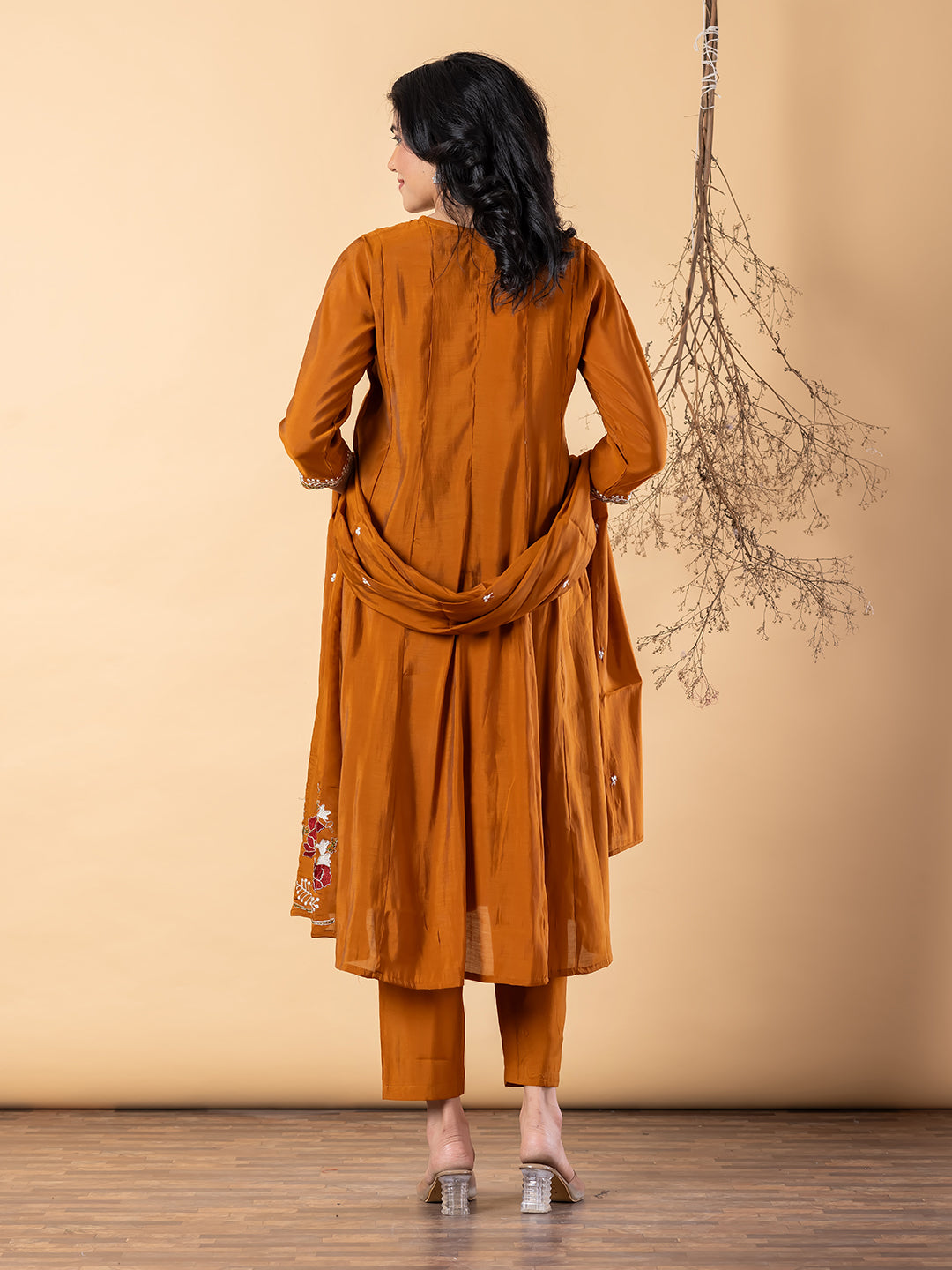 Women’s Mustard Kurta Set with Dupatta & Floral Embroidery