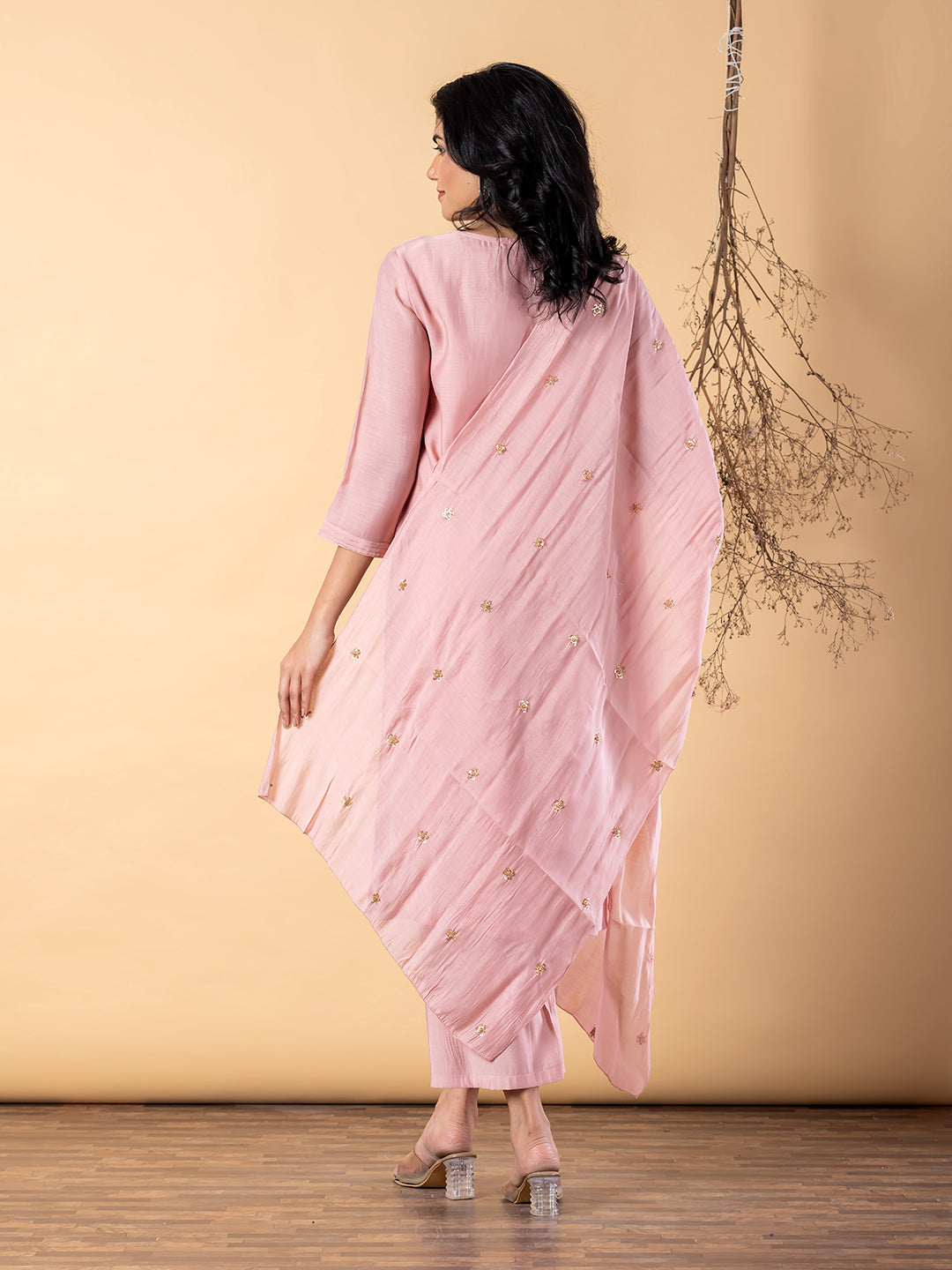 Women’s Pink Embellished Kurta Set with Dupatta & Pants
