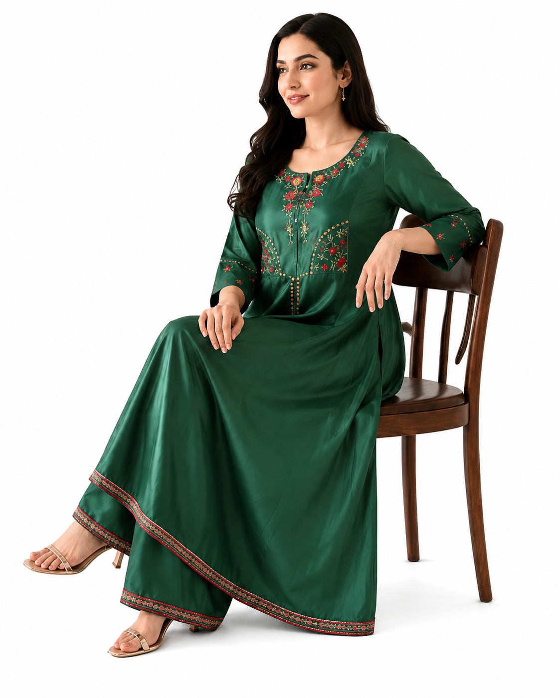 Women's Emerald Green Embroidered Anarkali Kurta Palazzo Set | Ethnic Party Wear