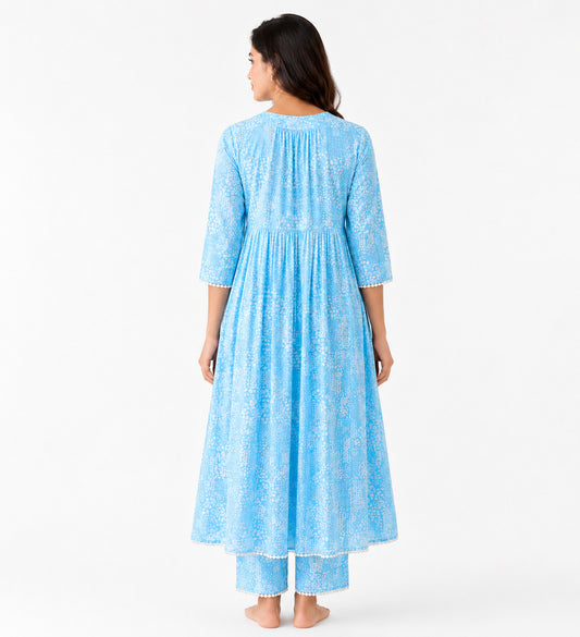 Women's Sky Blue Printed Cotton Nighty with 3/4 Sleeves – Comfortable Lounge Wear