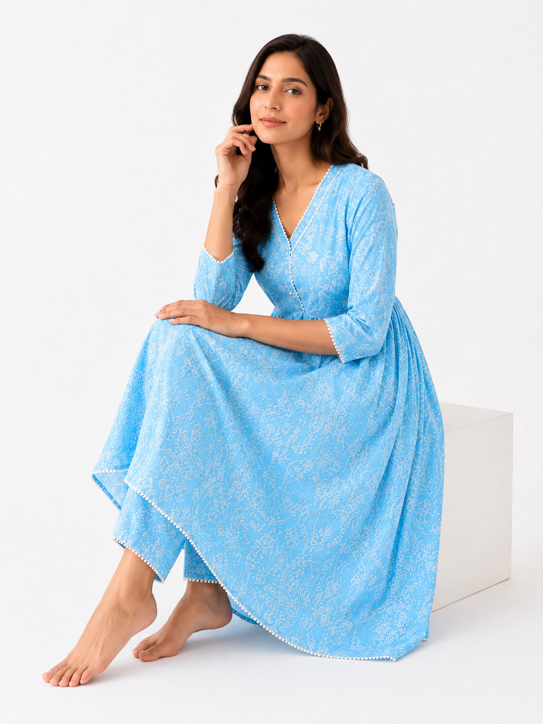 Women's Sky Blue Printed Cotton Nighty with 3/4 Sleeves – Comfortable Lounge Wear