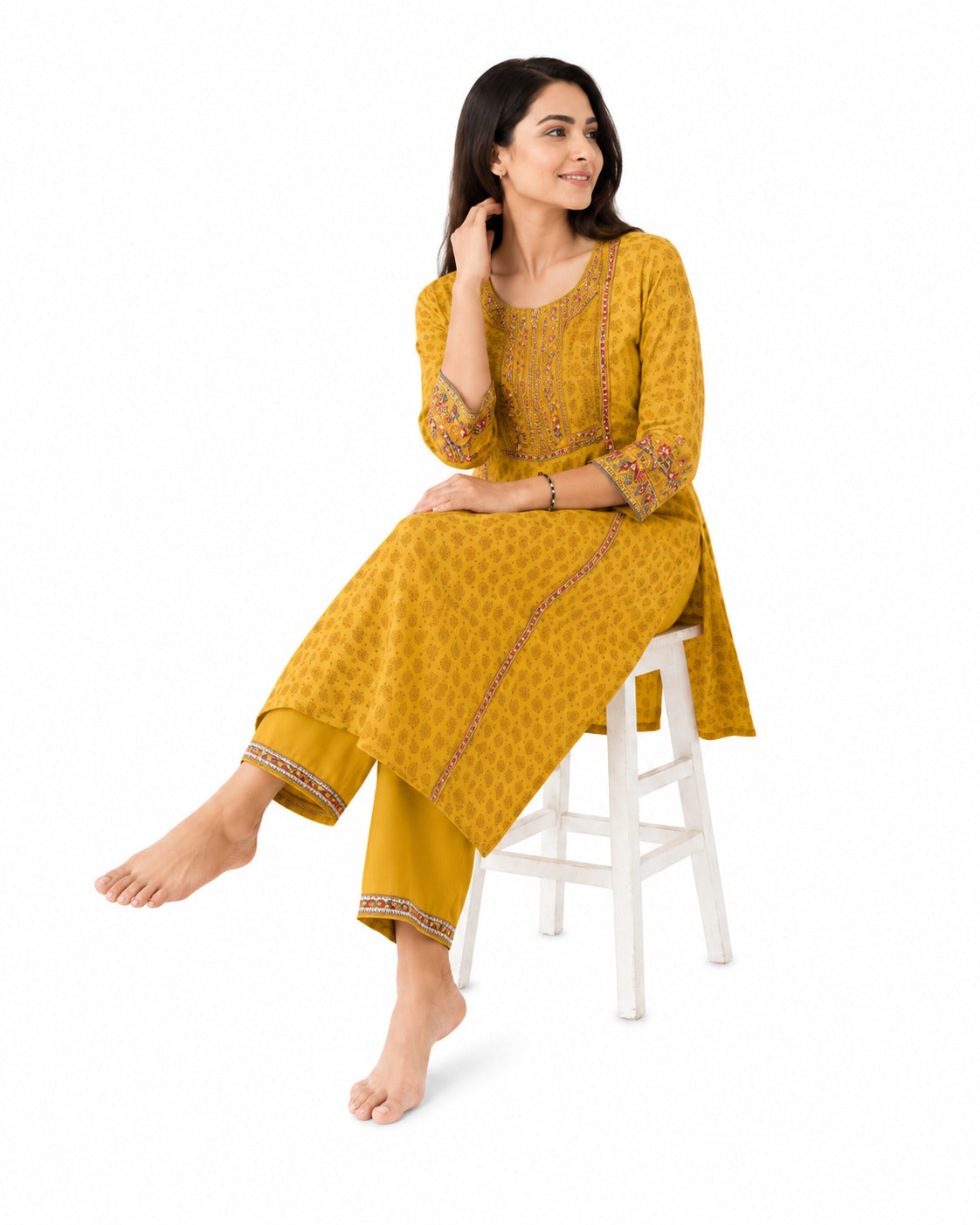 Mustard Yellow Printed Cotton Kurta Pant Set for Women with Embroidered Yoke
