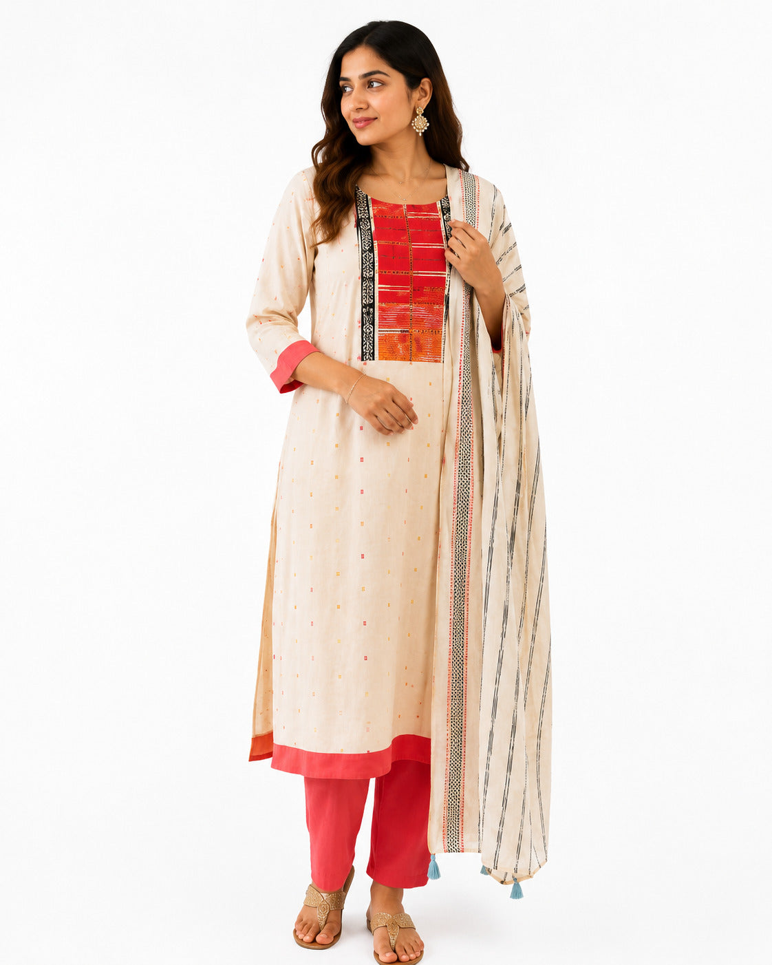 Women's Off-White Embroidered Cotton Kurta Set with Dupatta & Coral Pants