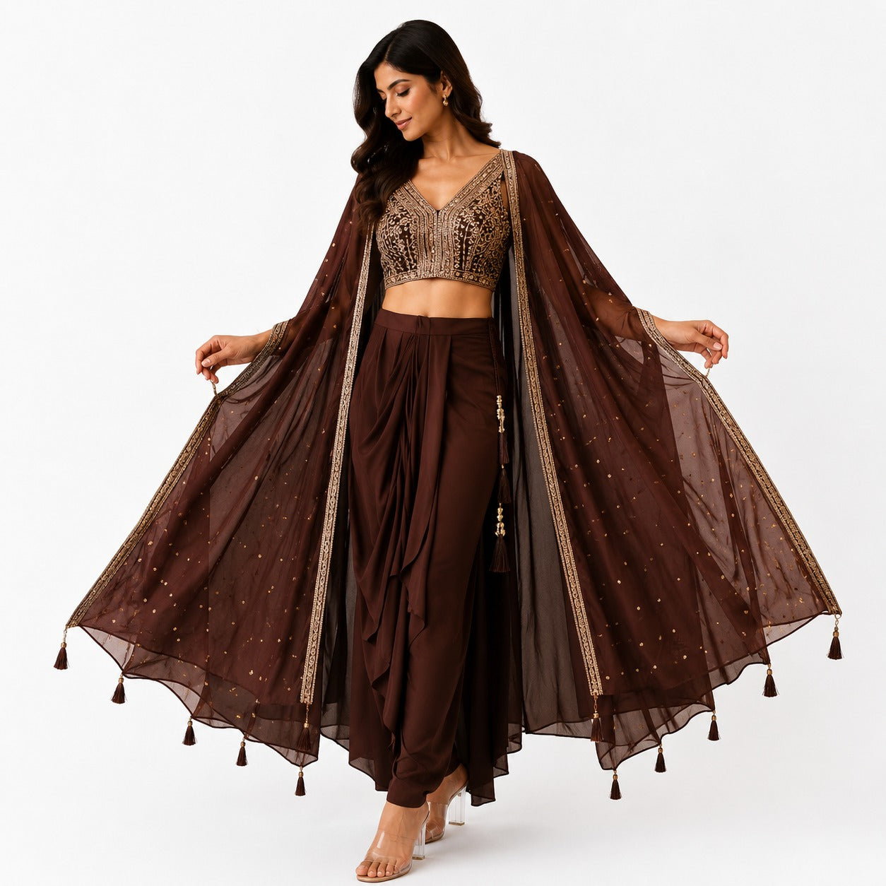 Women's Brown Embroidered Dhoti Pant Co-Ord Set with Net Cape and Tassel Details