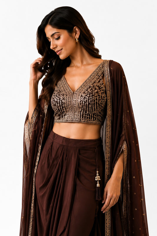 Women's Brown Embroidered Dhoti Pant Co-Ord Set with Net Cape and Tassel Details