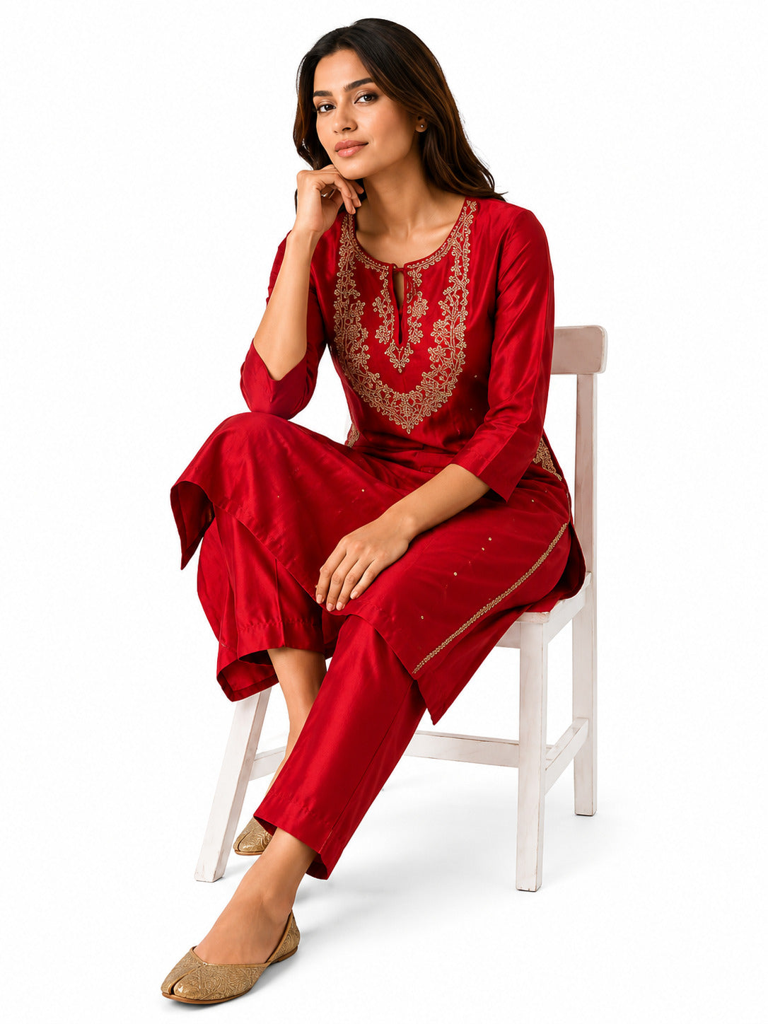 Women's Red Embroidered Kurta Set with Straight Pants | Festive Ethnic Wear