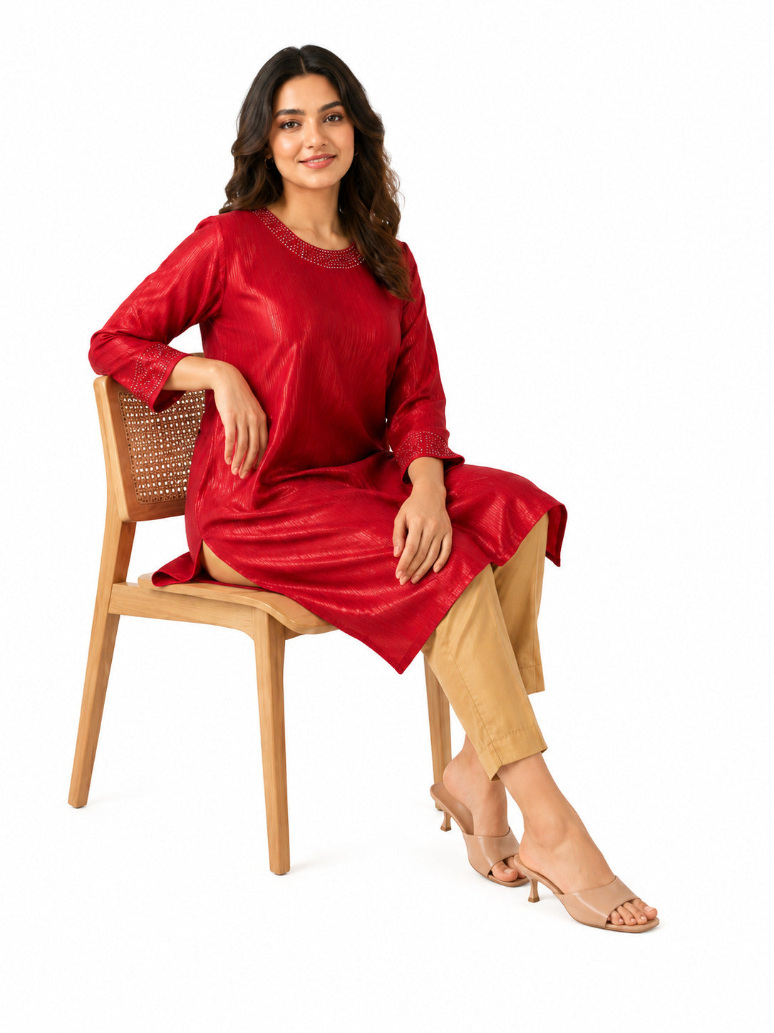 Women's Red Shimmer Embellished Straight Kurta | Festive & Party Wear