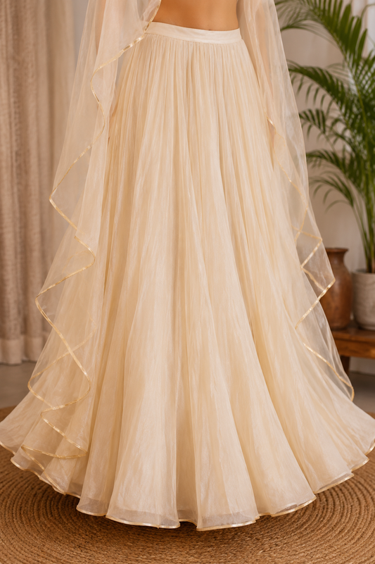 La Qayara Ivory Embroidered Cape Style Lehenga Set for Women | Designer Crop Blouse, Flared Lehenga & Organza Cape | Wedding, Reception & Party Wear