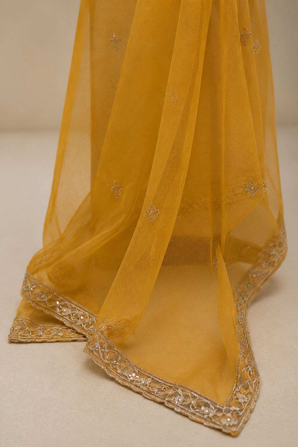 La Qayara Mustard Yellow Embroidered Lehenga Set for Women | Designer V-Neck Blouse, Flared Lehenga & Net Dupatta | Wedding, Haldi & Festive Wear