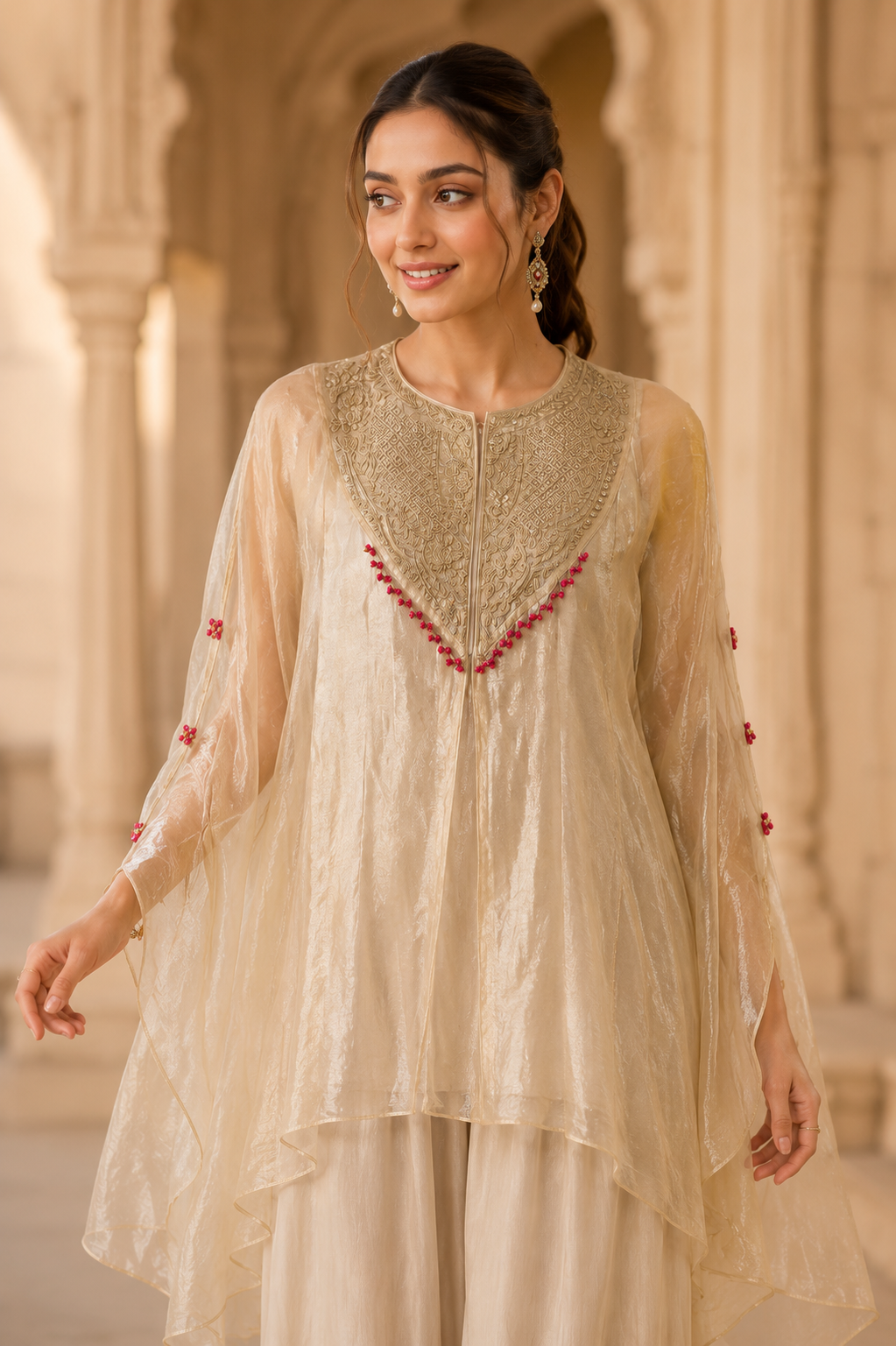La Qayara Ivory Embroidered Kaftan Co-Ord Set for Women | Designer Cape Kurta with Palazzo Pants | Festive, Wedding & Party Wear