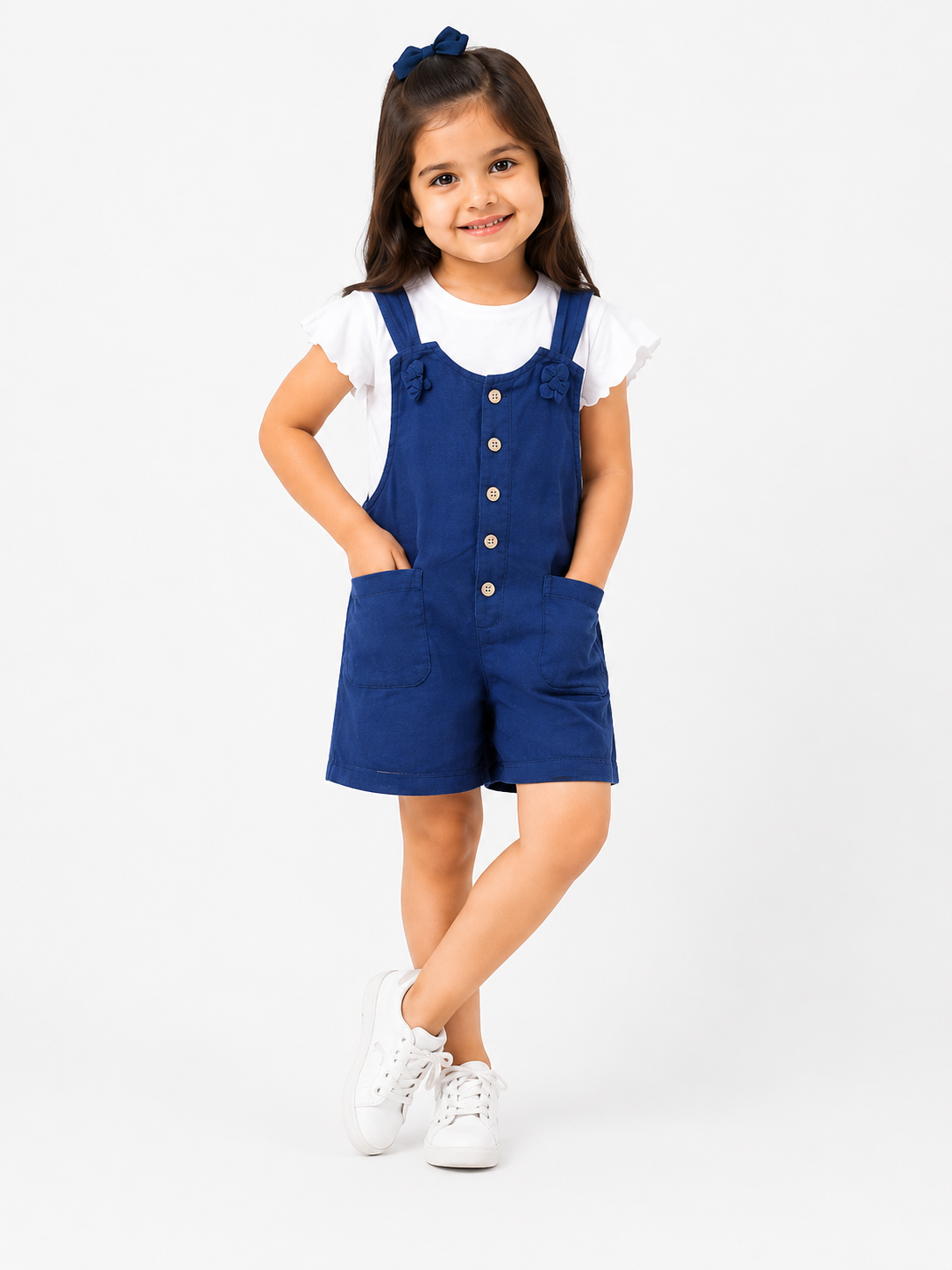 Girls Navy Blue Cotton Dungaree Romper with White Flutter Sleeve Top | Cute Casual Outfit | LA QAYARA