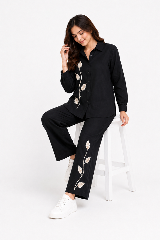 Elegant Black Co-Ord Set for Women with Floral Embroidery – Casual Chic Shirt & Pants Set