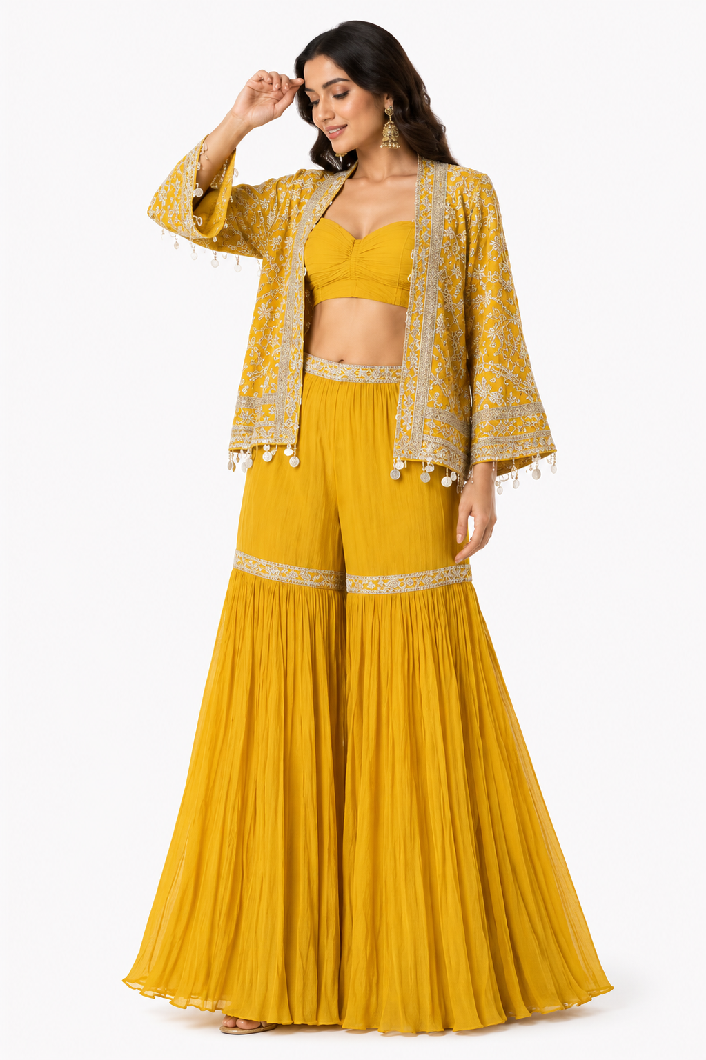 Mustard Yellow Embroidered Cape Jacket, Crop Top & Pleated Sharara Set