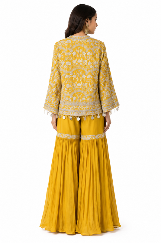 Mustard Yellow Embroidered Cape Jacket, Crop Top & Pleated Sharara Set