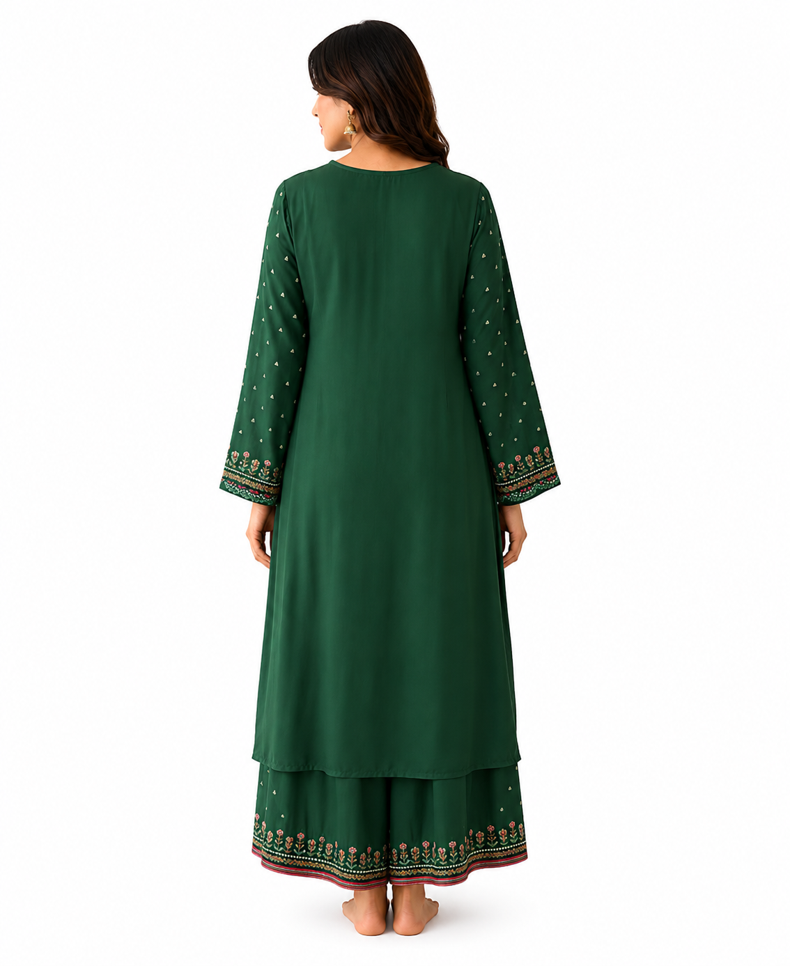 Women's Emerald Green Embroidered Straight Kurta | Floral Ethnic Wear