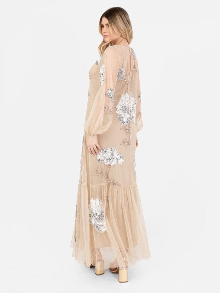 Women’s Beige Floral Embroidered Net Maxi Dress | Elegant Party Wear Gown