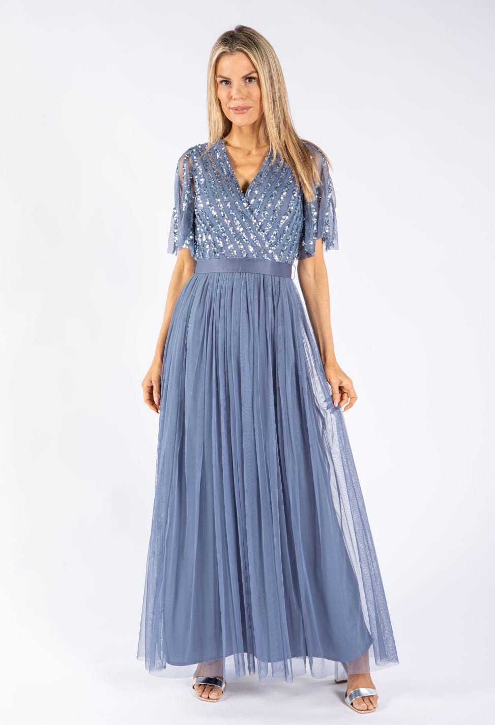Dusty Blue Sequin Maxi Dress – Elegant V-Neck Tulle Evening Gown for Women