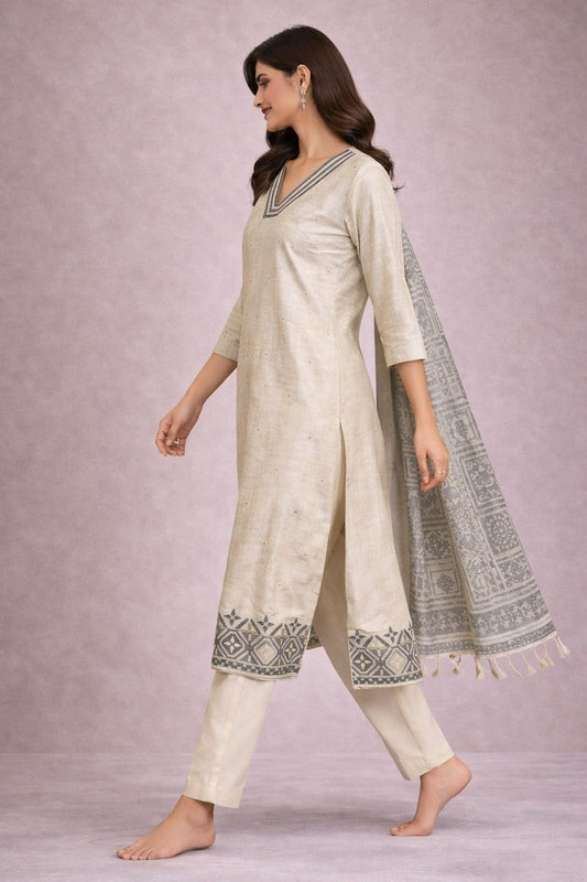 Elegant Beige Cotton Kurta Set with Printed Dupatta for Women