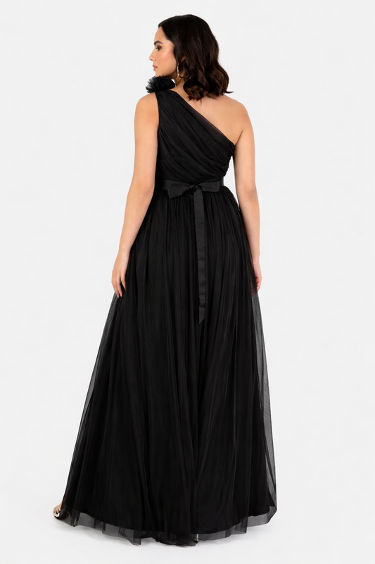 Elegant One-Shoulder Black Tulle Maxi Dress with Slit – Evening Party & Formal Gown