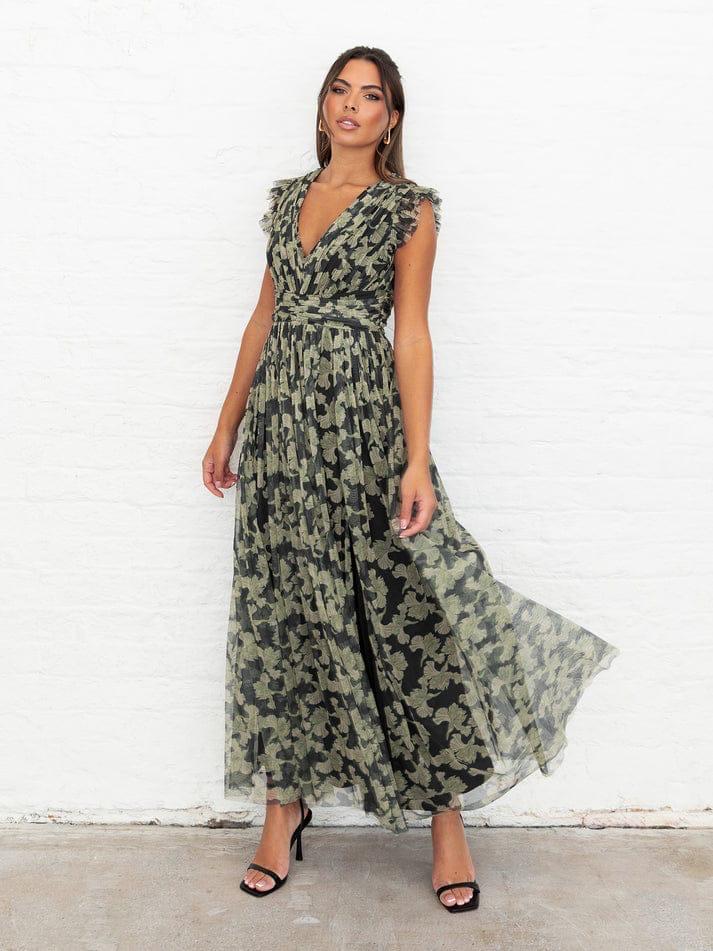 Elegant Olive Green Floral Mesh Maxi Dress with V-Neck, Ruffle Sleeves & High Slit
