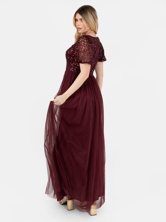 Elegant Burgundy Sequin Maxi Dress for Women – Party & Evening Wear